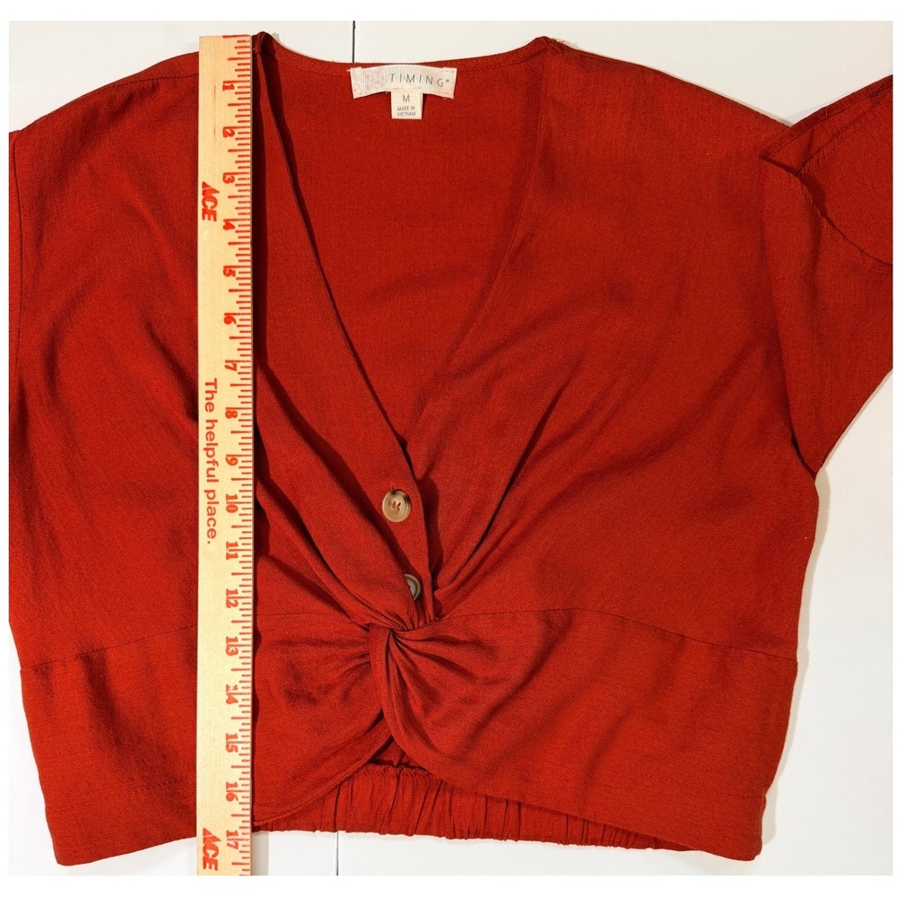 Timing Rust Red Twist Front Crop Top Medium V-Neck Linen Blend Short Sleeve - Picture 13 of 16